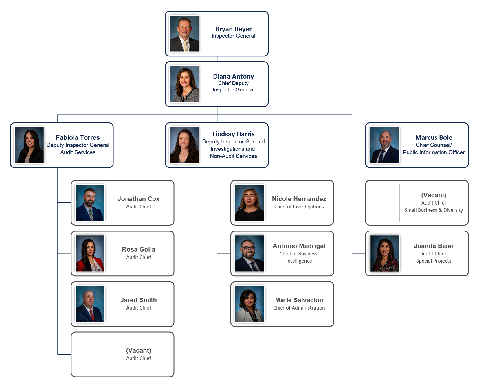 This is the Organization Chart for the IOAI. Bryan Beyer, Inspector General, Diana Antony, Chief Deputy Inspector General, Frances Parmelee, Deputy Inspector General - Audit Services, Lindsay Harris, Deputy Inspector General - Investigations and Non-Audit Services, Marcus Bole, Chief Counsel/Public Information Officer, Jonathan Cox, Audit Chief, Rosa Golla, Audit Chief, Jared Smith, Audit Chief, David Wong, Audit Chief, Nicole Hernandez, Chief of Investigations, Antonio Madrigal, Chief of Business Intelligence, Marie Salvacion, Chief of Administration, Fabiola Torres, Audit Chief - Small Business and Diversity, Juanita Baier, Special Projects.  