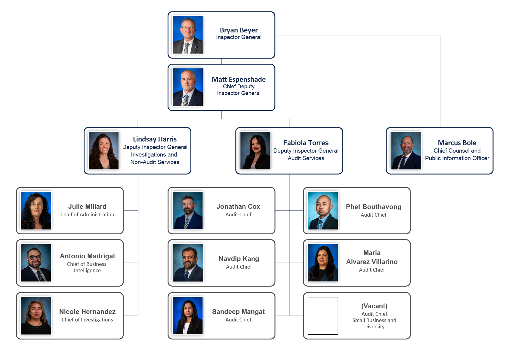 This is the Organization Chart for the IOAI. Bryan Beyer; Inspector General; Matt Espenshade; Chief Deputy Inspector General; Fabiola Torres; Deputy Inspector General - Audit Services; Lindsay Harris; Deputy Inspector General - Investigations and Non-Audit Services; Marcus Bole; Chief Counsel and Public Information Officer; Jonathan Cox; Audit Chief; Jared Smith; Audit Chief; Vacant; Audit Chief; Nicole Hernandez; Chief of Investigations; Antonio Madrigal; Chief of Business Intelligence; Marie Salvacion; Chief of Administration; Jose Camacho; Audit Chief - Small Business and Diversity; Jonathan Cox; Audit Chief; Phet Bouthavong; Audit Chief; Navdip Kang; Audit Chief; Maria Alvarez Villarino; Audit Chief, Sandeep Mangat; Audit Chief.