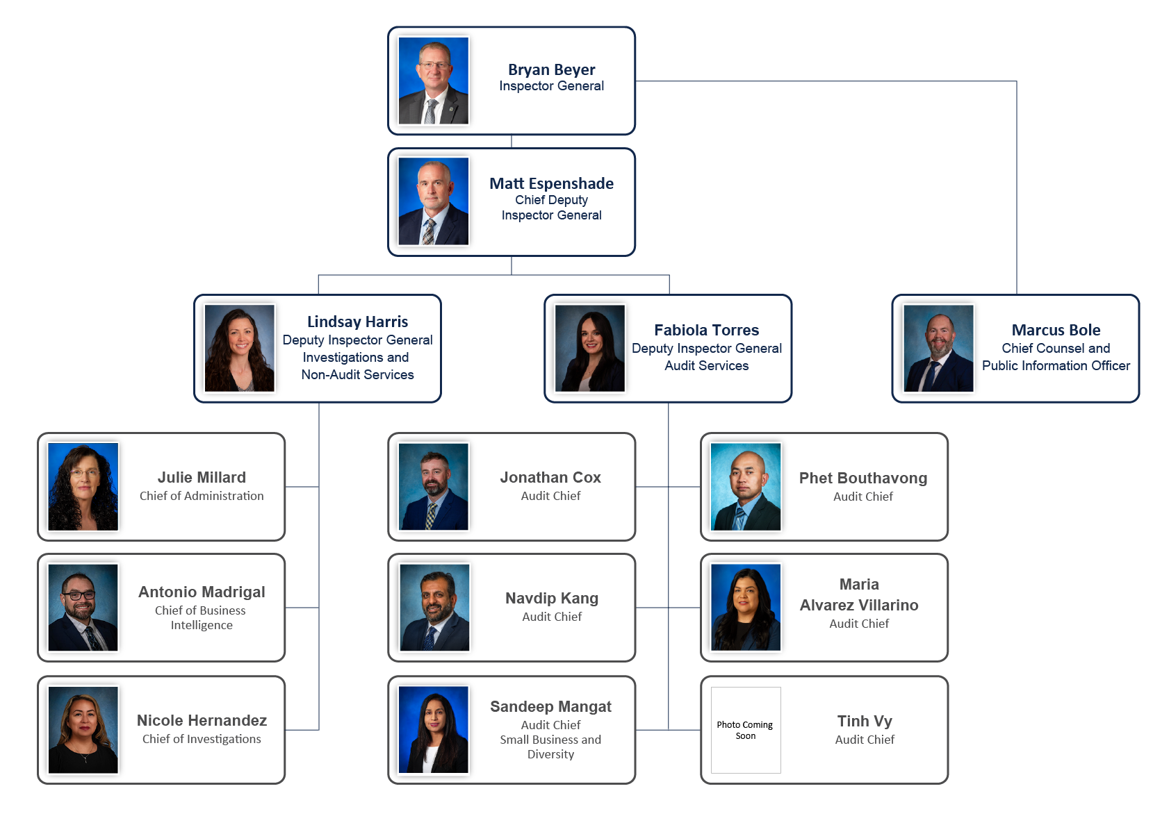 This is the Organization Chart for the IOAI. Bryan Beyer; Inspector General; Matt Espenshade; Chief Deputy Inspector General; Fabiola Torres; Deputy Inspector General - Audit Services; Lindsay Harris; Deputy Inspector General - Investigations and Non-Audit Services; Marcus Bole; Chief Counsel and Public Information Officer; Jonathan Cox; Audit Chief; Jared Smith; Audit Chief; Vacant; Audit Chief; Nicole Hernandez; Chief of Investigations; Antonio Madrigal; Chief of Business Intelligence; Julie Millard; Chief of Administration; Jonathan Cox; Audit Chief; Phet Bouthavong; Audit Chief; Navdip Kang; Audit Chief; Maria Alvarez Villarino; Audit Chief, Sandeep Mangat; Audit Chief - Small Business and Diversity; Tinh Vy; Audit Chief