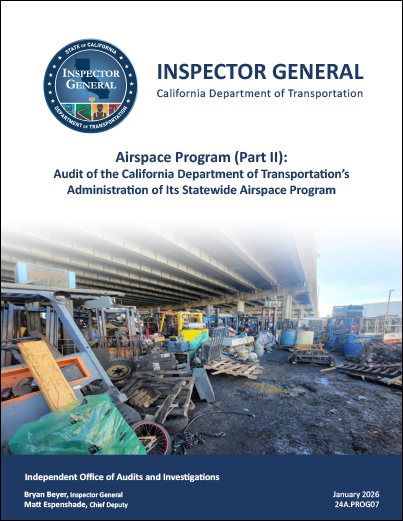 This is a thumbnail image of the cover of Airspace Program (Part II): Audit of the California Department of Transportation’s Administration of Its Statewide Airspace Program