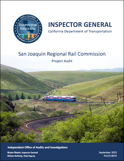 This is a thumbnail of the cover for the project compliance audit of San Joaquin Regional Rail Commission.