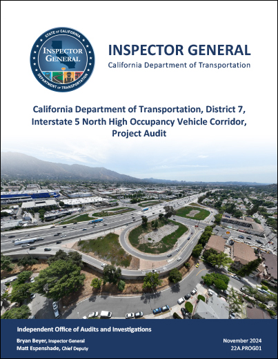 This is a thumbnail image of the cover of District 7, Interstate 5 North High Occupancy Vehicle Corridor audit report.