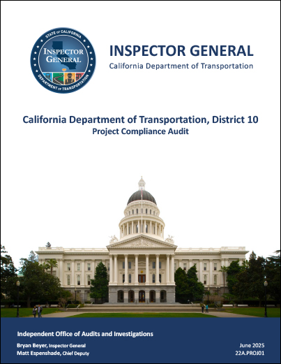 This is a thumbnail image of the cover of California Department of Transportation, District 10, Project Compliance Audit