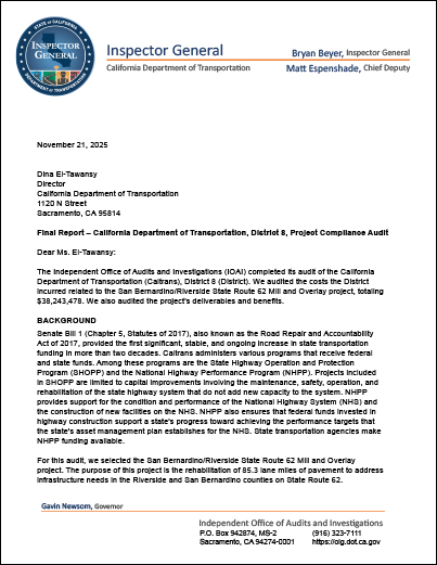 This is a thumbnail image of the cover of California Department of Transportation, District 8, Project Compliance Audit