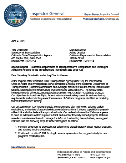 This is a thumbnail image of the cover of California Department of Transportation’s Compliance and Oversight Activities Related to the Infrastructure Investment and Jobs Act.