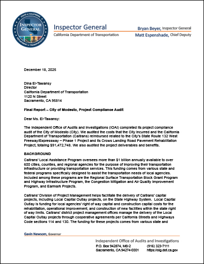 This is a thumbnail image of the cover of City of Modesto, Project Compliance Audit